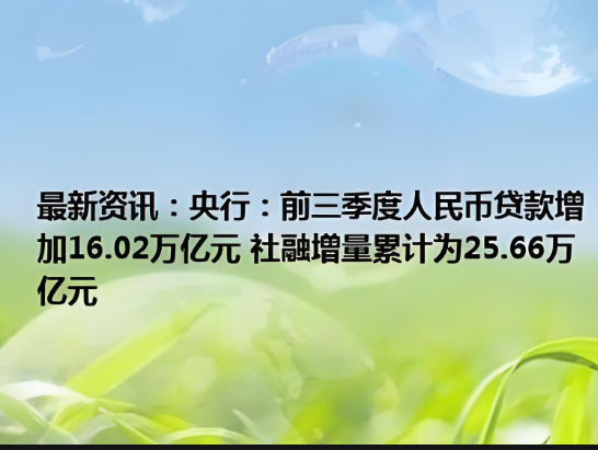 前三季度，我國人民幣貸款增加16.02萬億元，社會融資規(guī)模增量累計為25.66萬億元